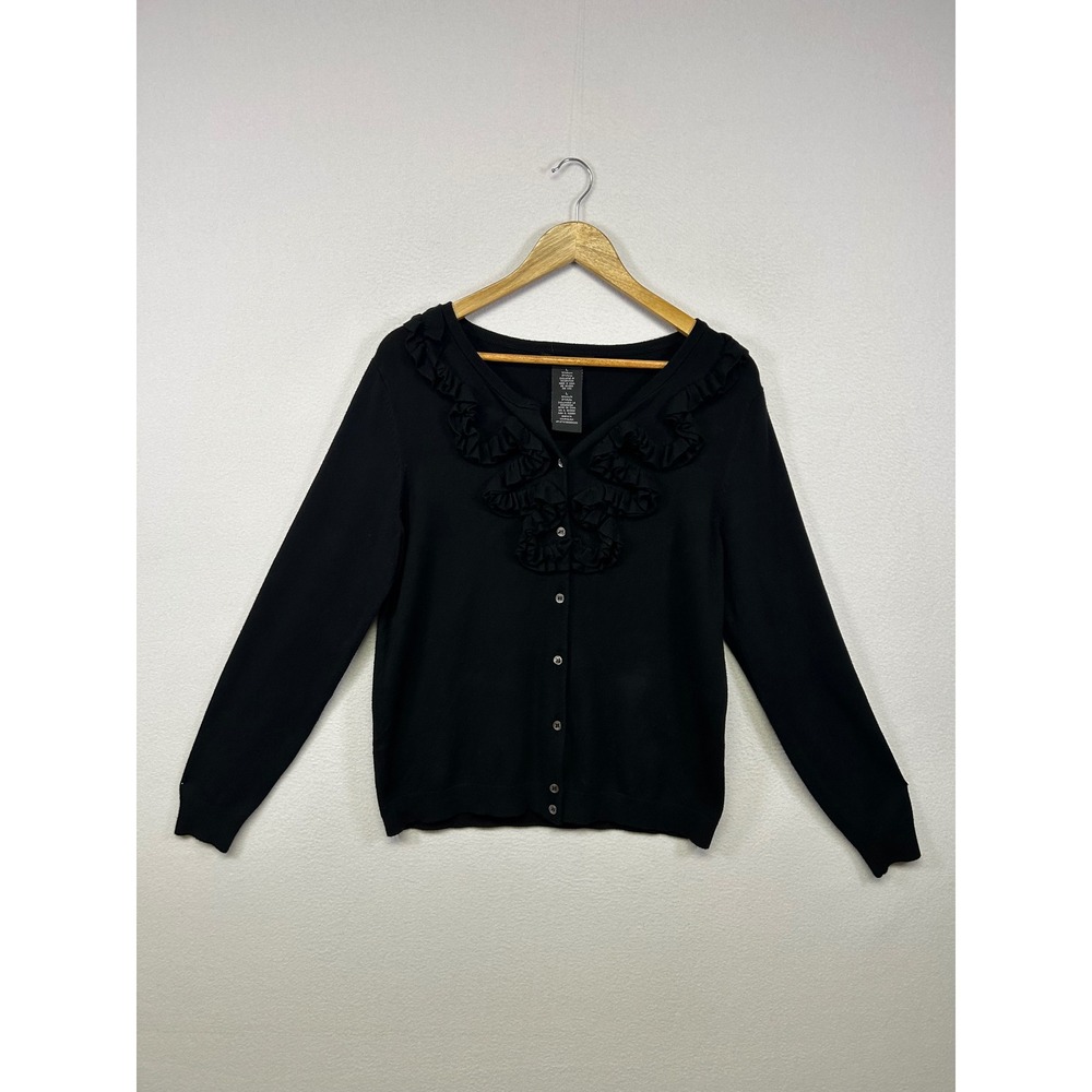 Coquette Dark Romance Grace Elements Womens Large Black Ruffle V-Neck Cardigan